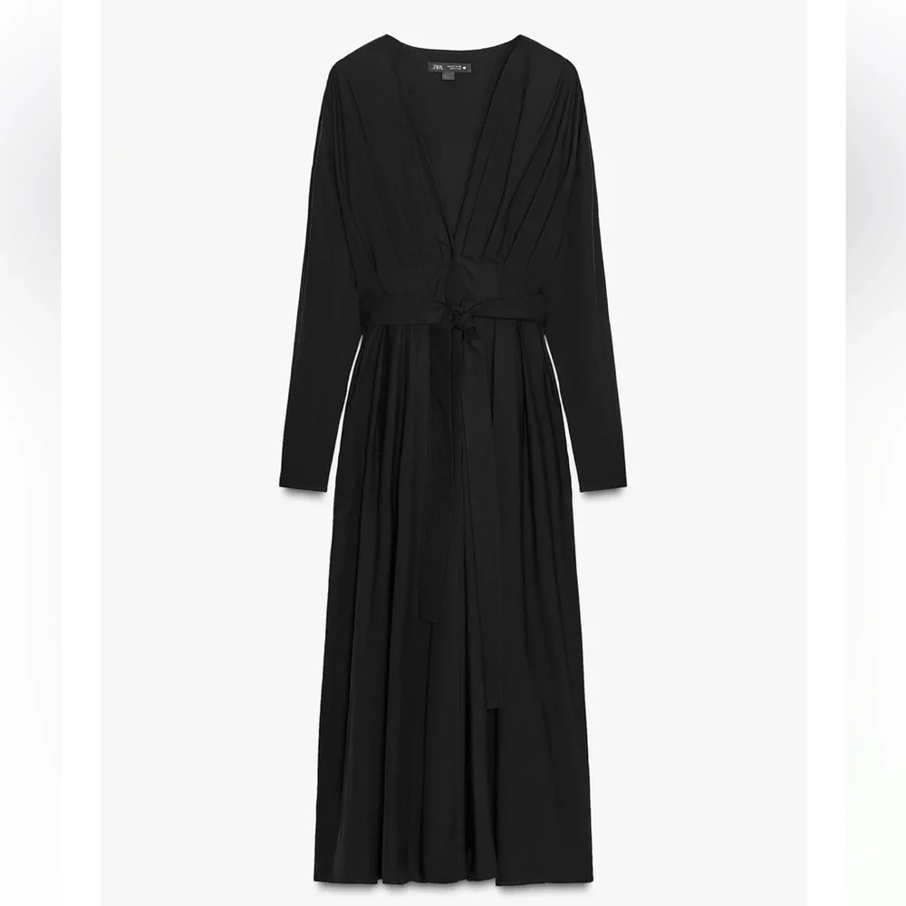 NWT Zara  Black Pleated Cotton Midi Dress With Belt
